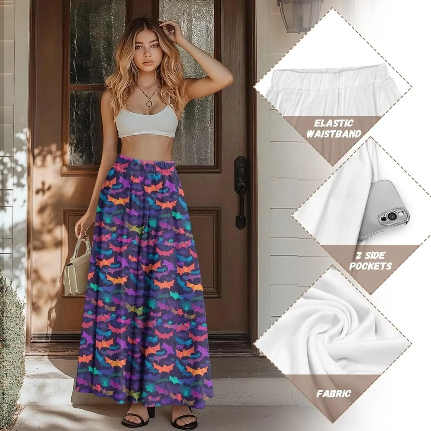 Irisjudy Women's Flowy Maxi Skirt Boho Totem Elastic Waist Long Skirts Magic Mushroom Swing Maxi Long Skirt Dress with Pocket