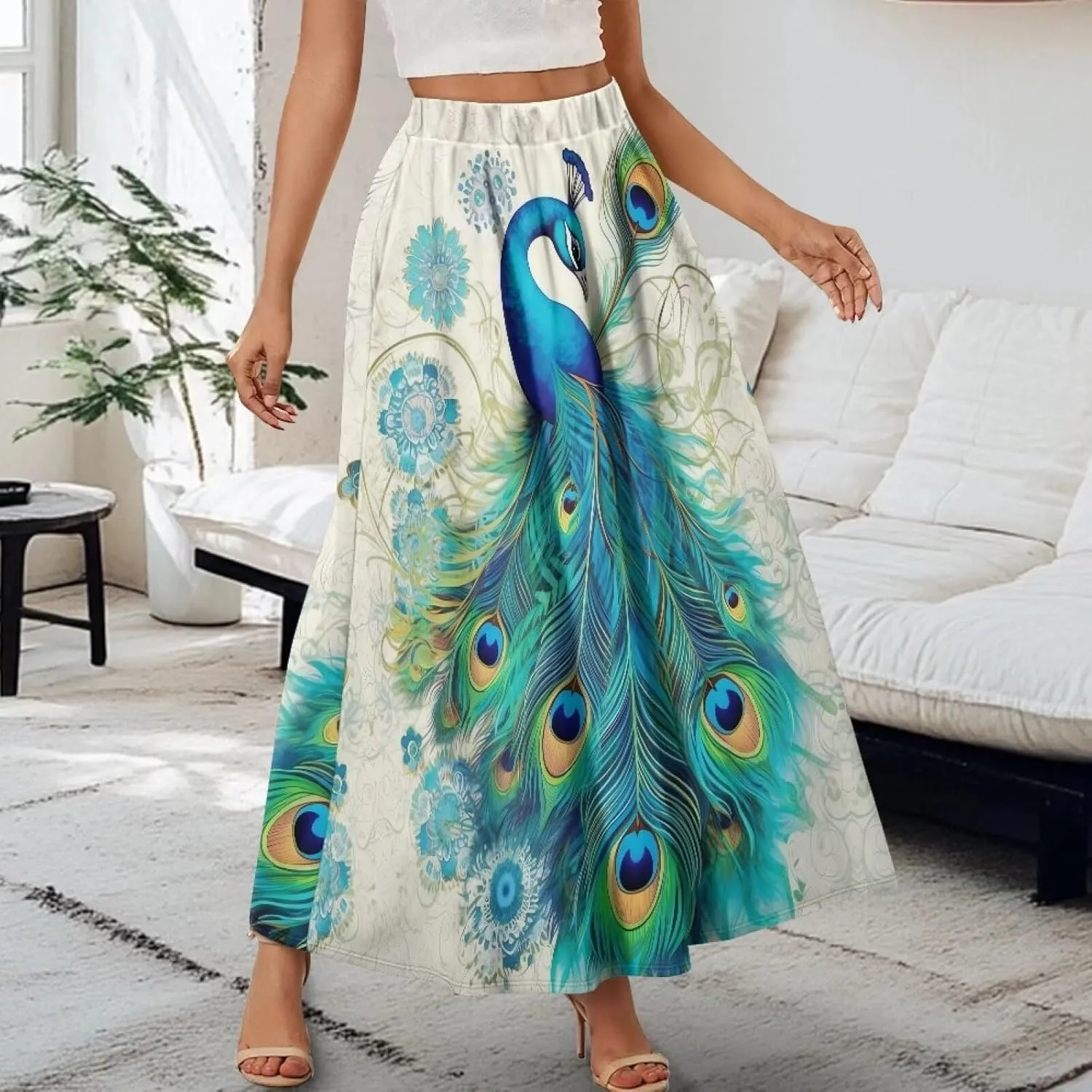 Irisjudy Women's Flowy Maxi Skirt Boho Totem Elastic Waist Long Skirts Magic Mushroom Swing Maxi Long Skirt Dress with Pocket