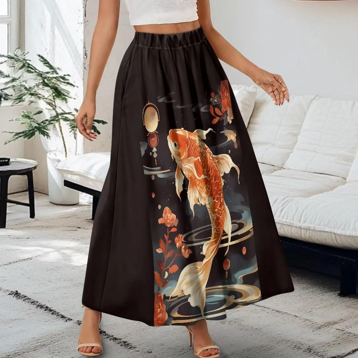 Irisjudy Women's Flowy Maxi Skirt Boho Totem Elastic Waist Long Skirts Magic Mushroom Swing Maxi Long Skirt Dress with Pocket