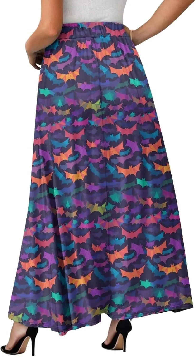 Irisjudy Women's Flowy Maxi Skirt Boho Totem Elastic Waist Long Skirts Magic Mushroom Swing Maxi Long Skirt Dress with Pocket