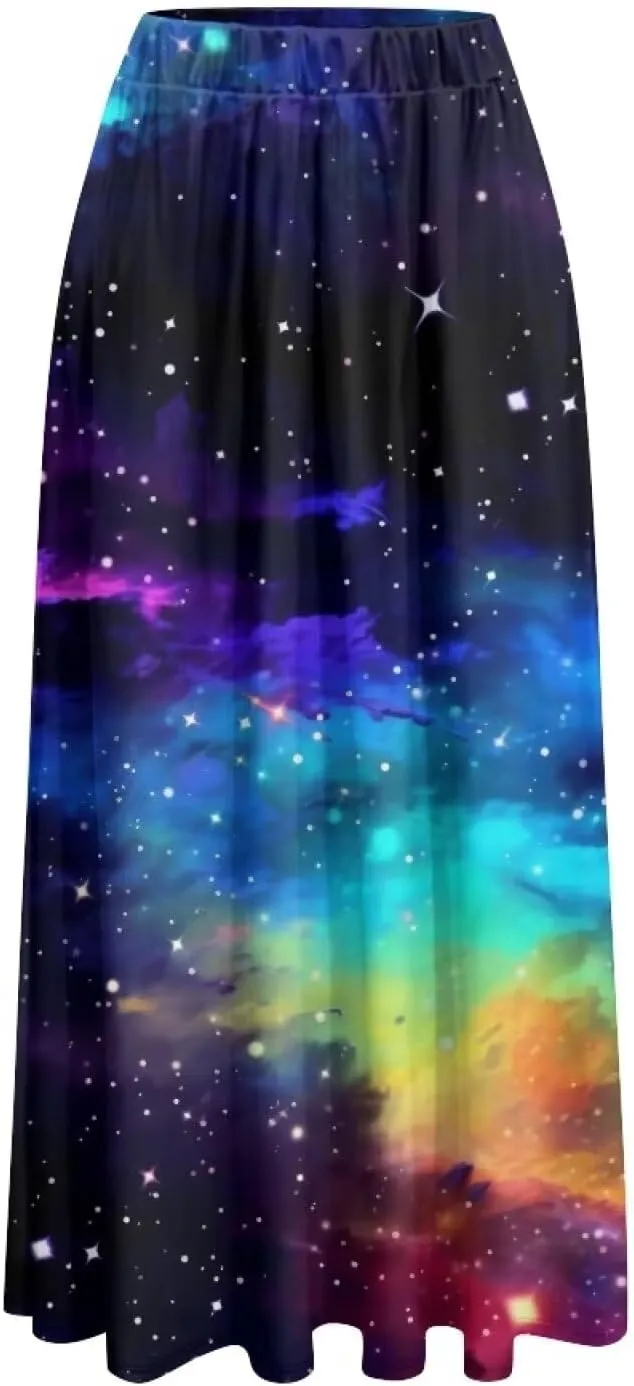 Irisjudy Women's Flowy Maxi Skirt Boho Totem Elastic Waist Long Skirts Magic Mushroom Swing Maxi Long Skirt Dress with Pocket