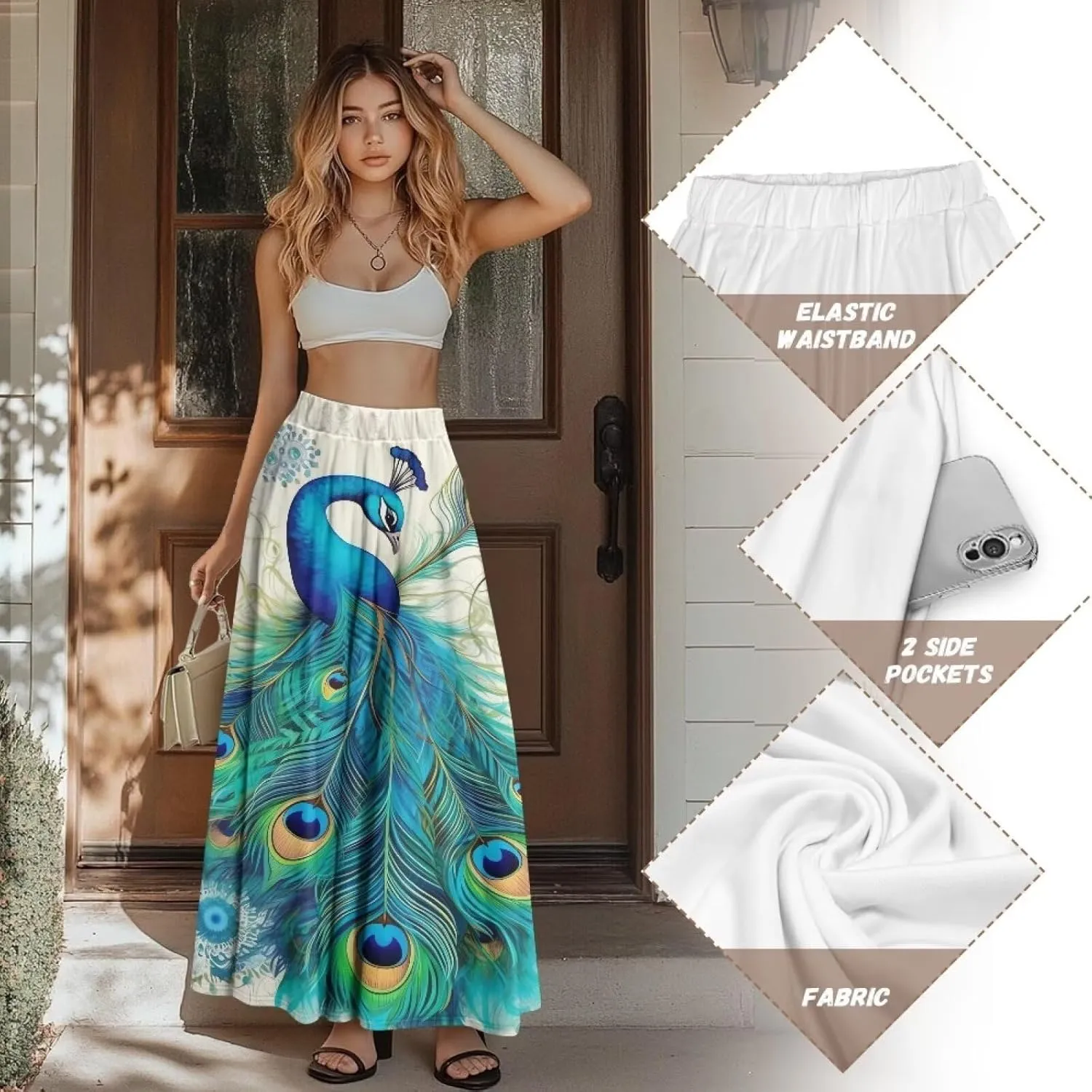 Irisjudy Women's Flowy Maxi Skirt Boho Totem Elastic Waist Long Skirts Magic Mushroom Swing Maxi Long Skirt Dress with Pocket