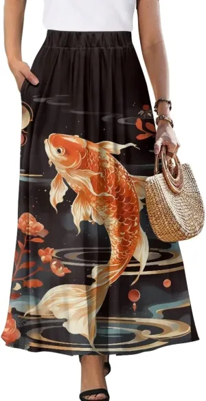 Irisjudy Women's Flowy Maxi Skirt Boho Totem Elastic Waist Long Skirts Magic Mushroom Swing Maxi Long Skirt Dress with Pocket