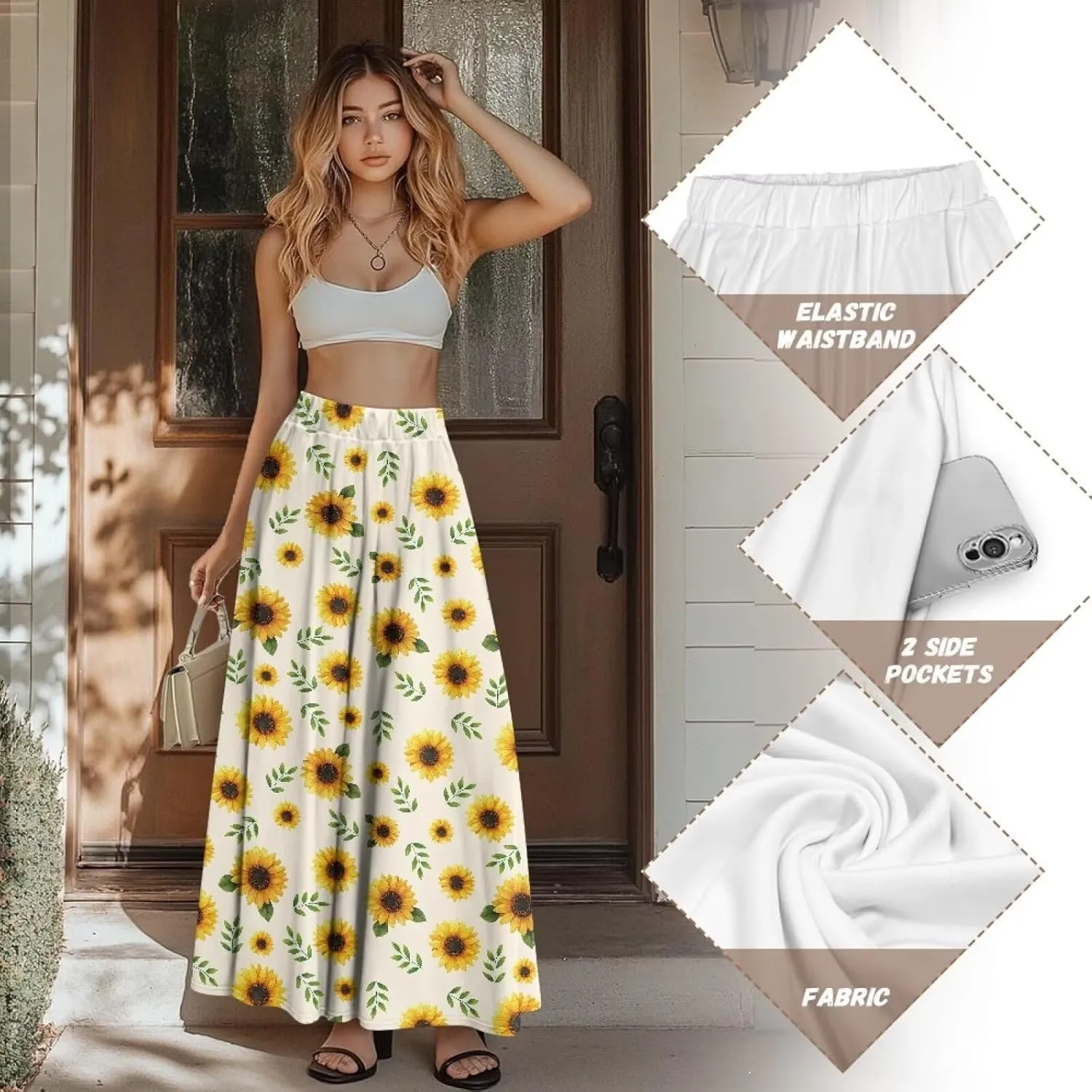 Irisjudy Women's Flowy Maxi Skirt Boho Totem Elastic Waist Long Skirts Magic Mushroom Swing Maxi Long Skirt Dress with Pocket