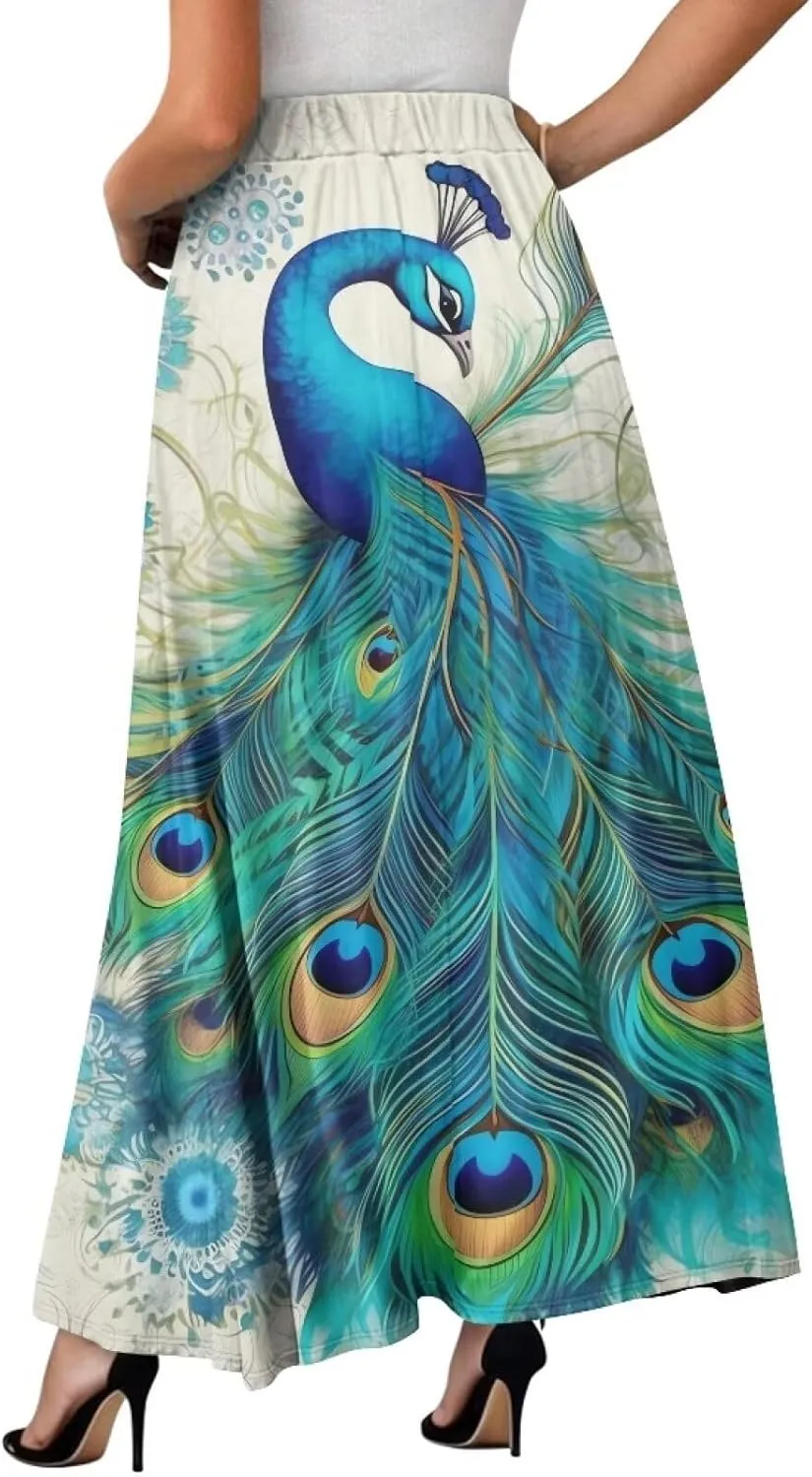 Irisjudy Women's Flowy Maxi Skirt Boho Totem Elastic Waist Long Skirts Magic Mushroom Swing Maxi Long Skirt Dress with Pocket