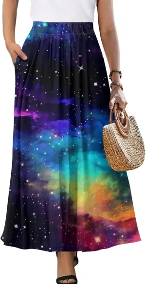 Irisjudy Women's Flowy Maxi Skirt Boho Totem Elastic Waist Long Skirts Magic Mushroom Swing Maxi Long Skirt Dress with Pocket