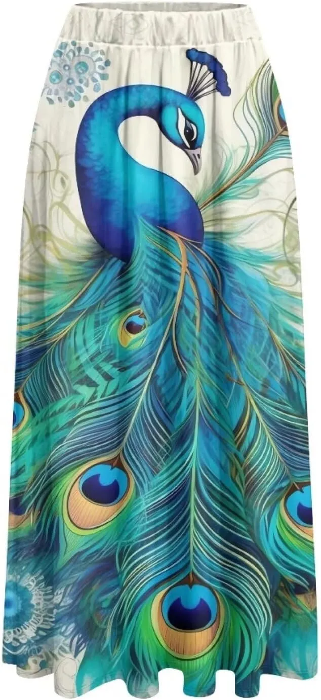 Irisjudy Women's Flowy Maxi Skirt Boho Totem Elastic Waist Long Skirts Magic Mushroom Swing Maxi Long Skirt Dress with Pocket