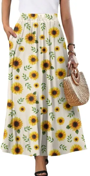 Irisjudy Women's Flowy Maxi Skirt Boho Totem Elastic Waist Long Skirts Magic Mushroom Swing Maxi Long Skirt Dress with Pocket