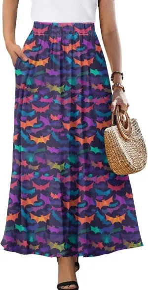 Irisjudy Women's Flowy Maxi Skirt Boho Totem Elastic Waist Long Skirts Magic Mushroom Swing Maxi Long Skirt Dress with Pocket