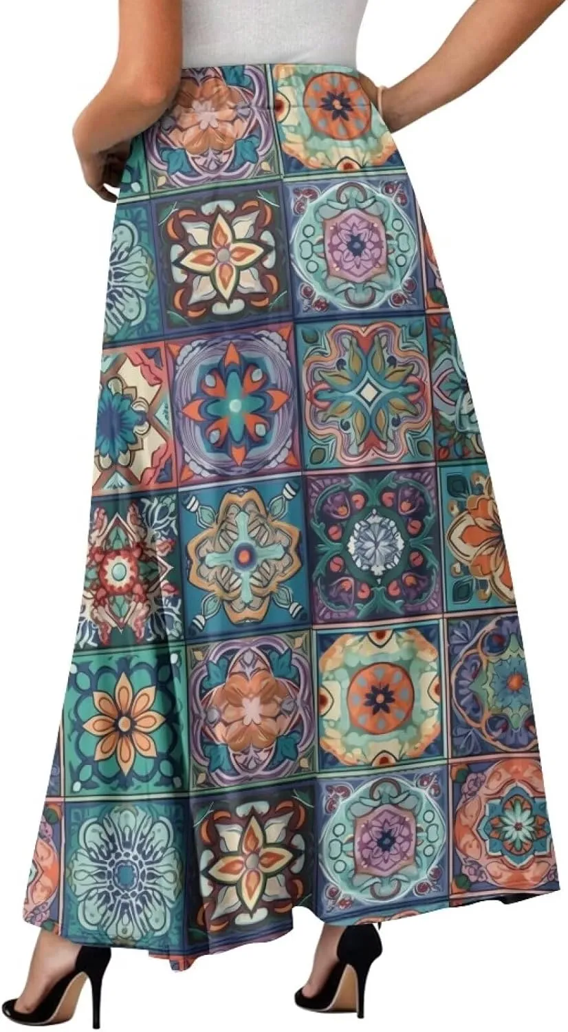 Irisjudy Womens Pleated Maxi Skirt Rainbow Graffiti Boho Elastic Waist Long Skirts Starry Night Beach Party Flowy Long Skirts