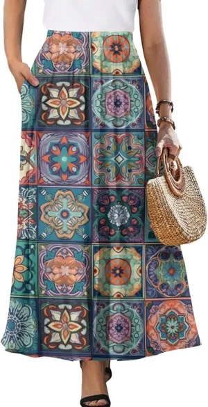 Irisjudy Womens Pleated Maxi Skirt Rainbow Graffiti Boho Elastic Waist Long Skirts Starry Night Beach Party Flowy Long Skirts