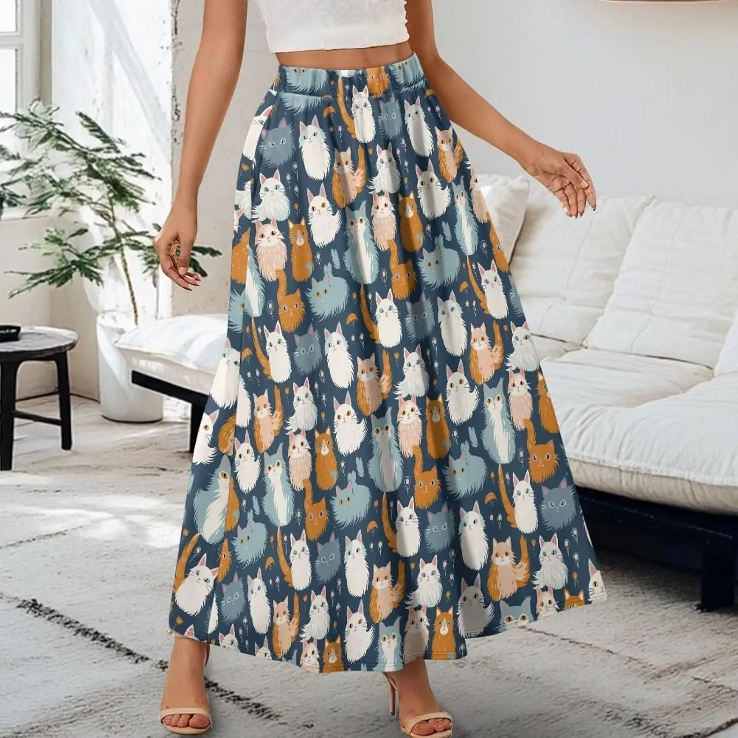 Irisjudy Womens Pleated Maxi Skirt Rainbow Graffiti Boho Elastic Waist Long Skirts Starry Night Beach Party Flowy Long Skirts