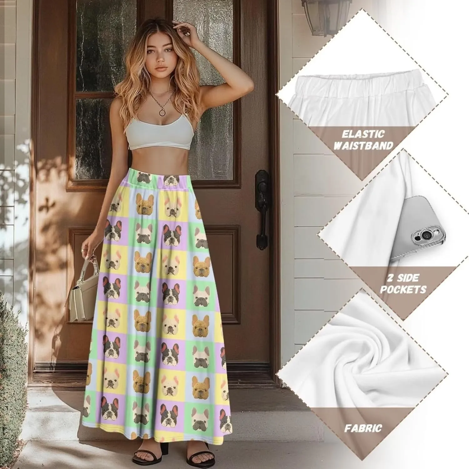 Irisjudy Womens Pleated Maxi Skirt Rainbow Graffiti Boho Elastic Waist Long Skirts Starry Night Beach Party Flowy Long Skirts