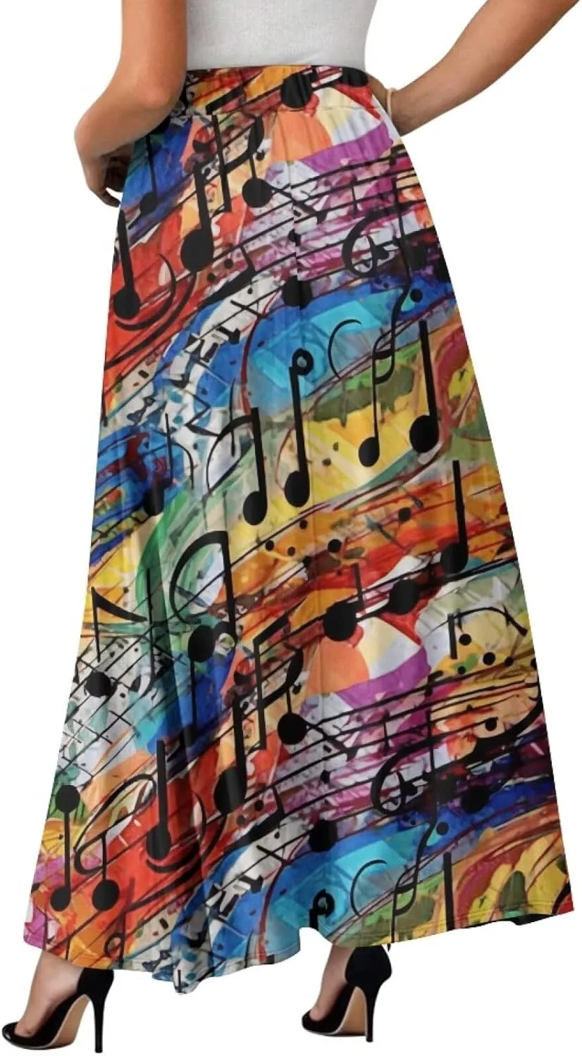 Irisjudy Womens Pleated Maxi Skirt Rainbow Graffiti Boho Elastic Waist Long Skirts Starry Night Beach Party Flowy Long Skirts