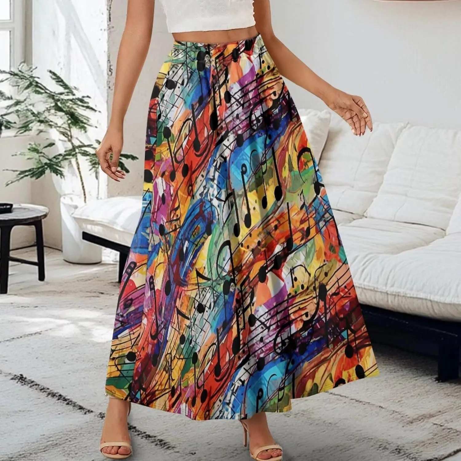 Irisjudy Womens Pleated Maxi Skirt Rainbow Graffiti Boho Elastic Waist Long Skirts Starry Night Beach Party Flowy Long Skirts