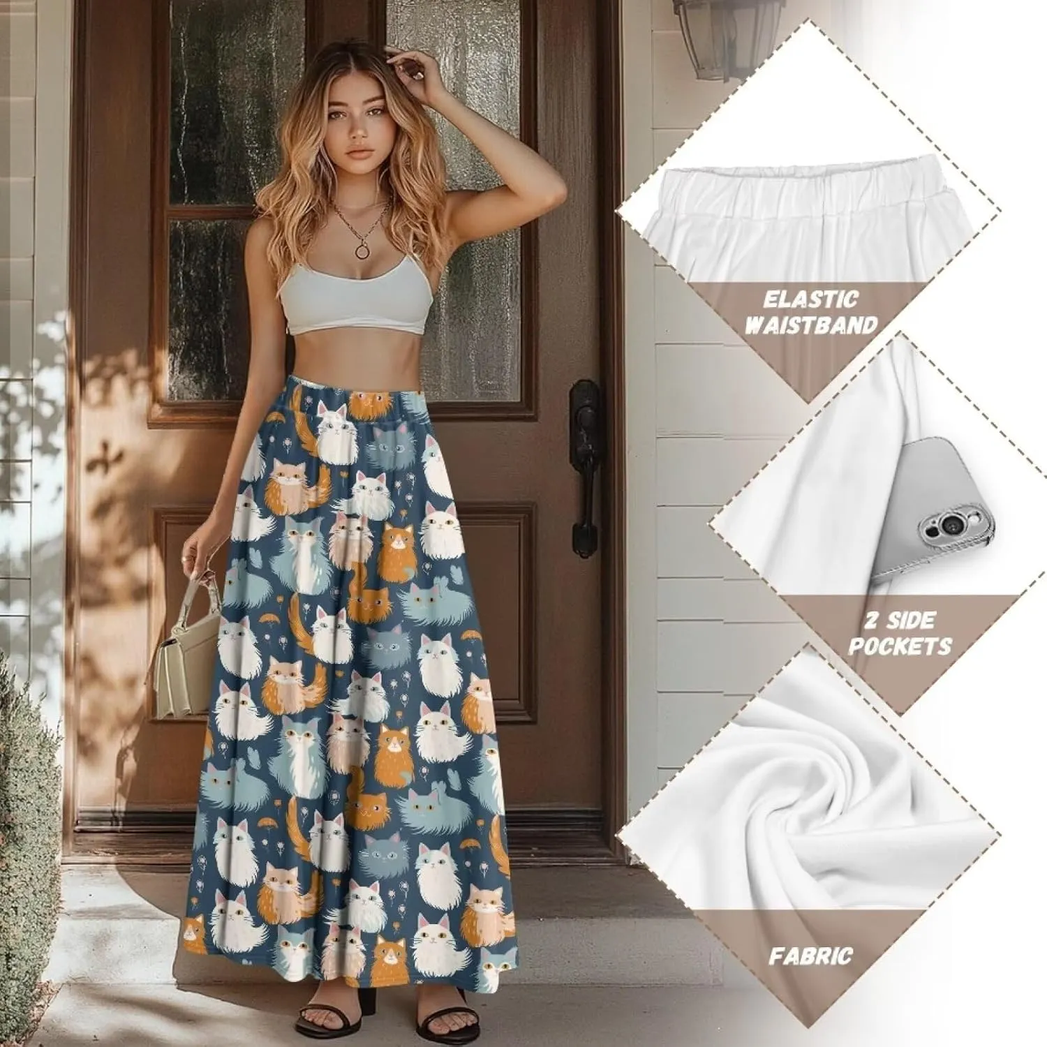Irisjudy Womens Pleated Maxi Skirt Rainbow Graffiti Boho Elastic Waist Long Skirts Starry Night Beach Party Flowy Long Skirts