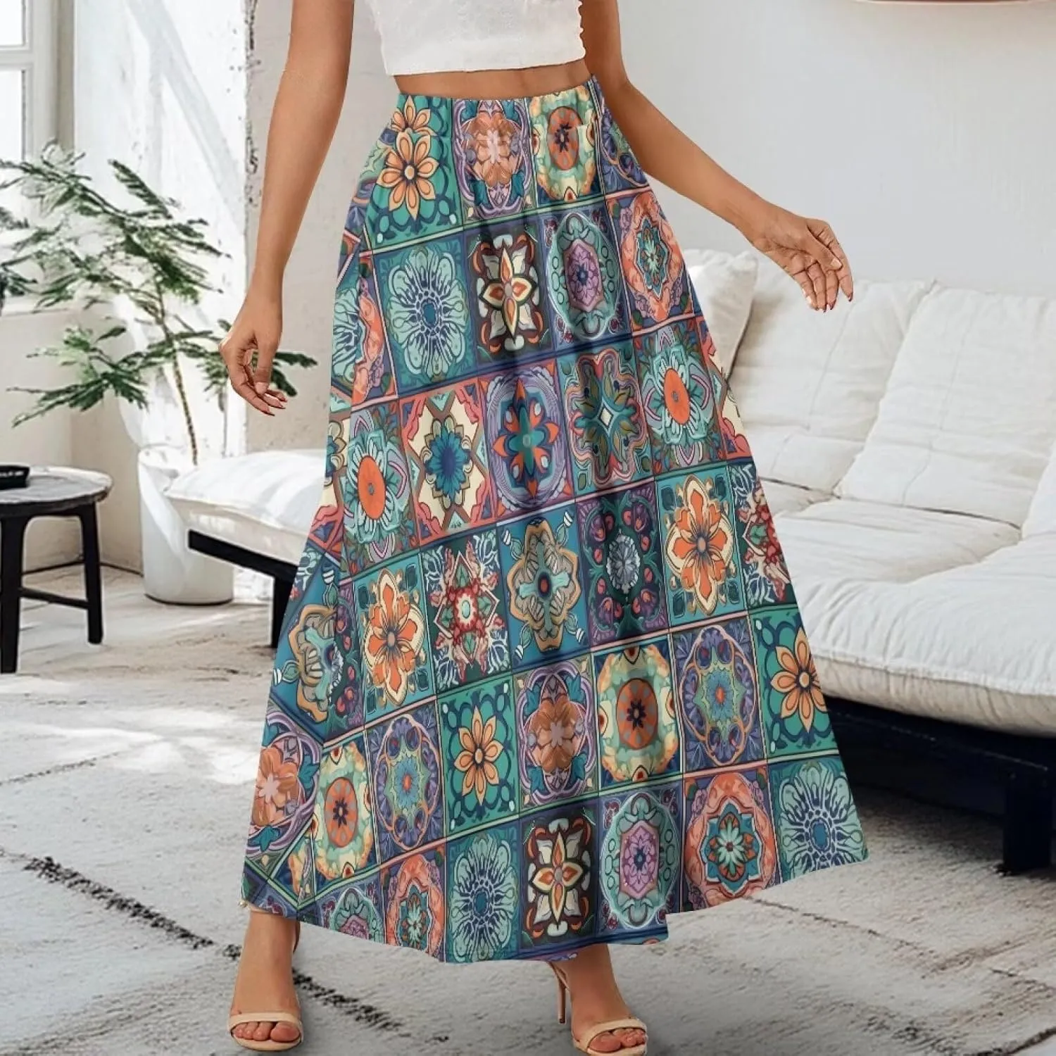 Irisjudy Womens Pleated Maxi Skirt Rainbow Graffiti Boho Elastic Waist Long Skirts Starry Night Beach Party Flowy Long Skirts