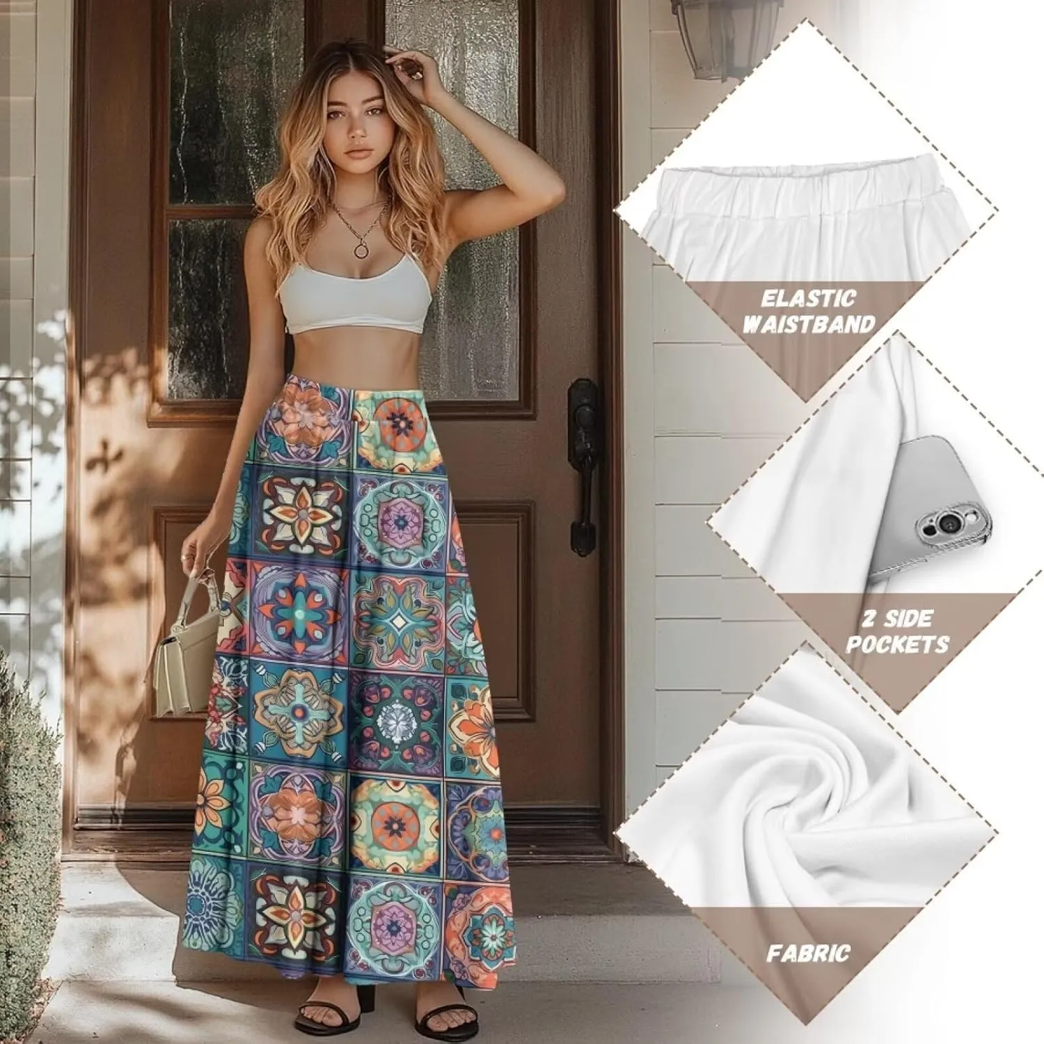 Irisjudy Womens Pleated Maxi Skirt Rainbow Graffiti Boho Elastic Waist Long Skirts Starry Night Beach Party Flowy Long Skirts