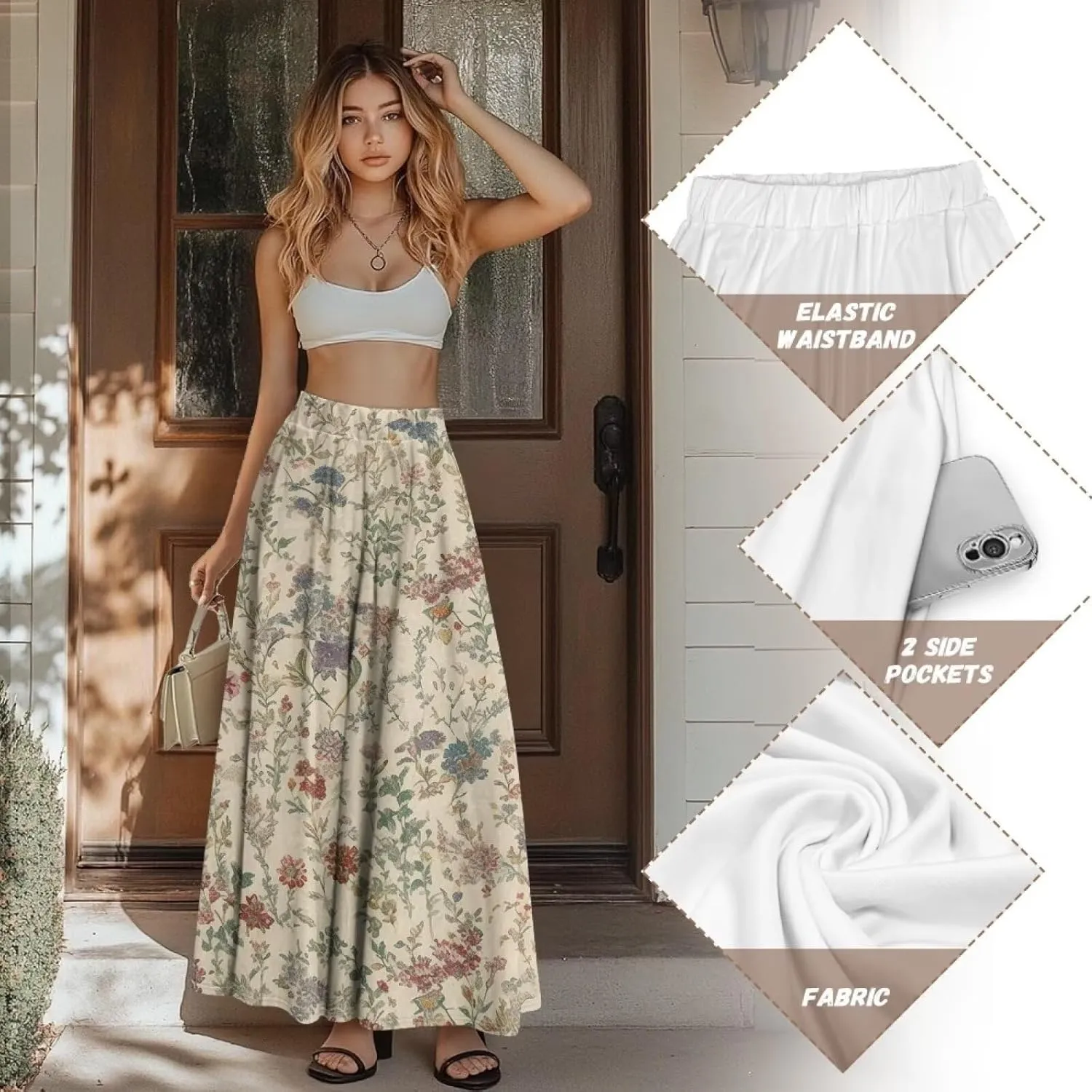 Irisjudy Womens Pleated Maxi Skirt Rainbow Graffiti Boho Elastic Waist Long Skirts Starry Night Beach Party Flowy Long Skirts
