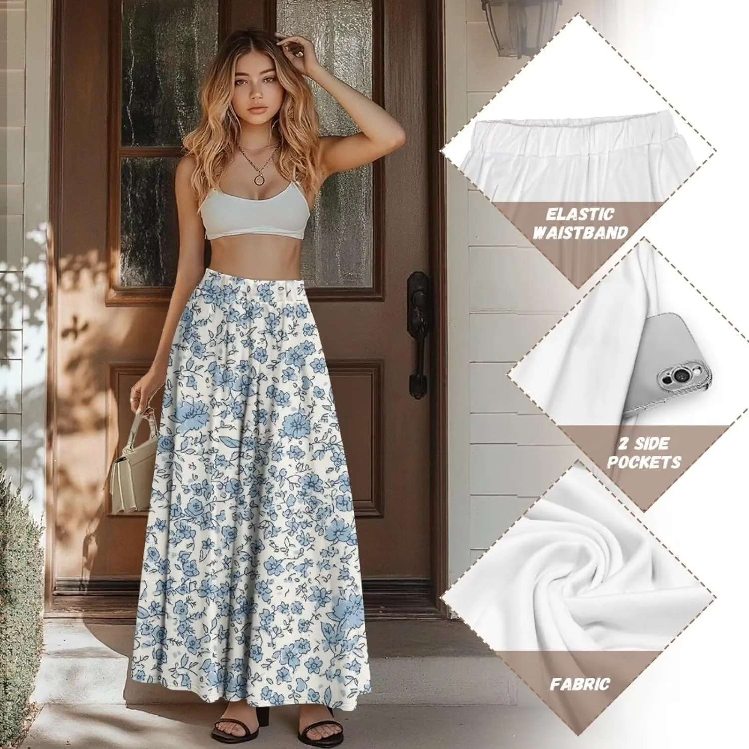 Irisjudy Womens Pleated Maxi Skirt Rainbow Graffiti Boho Elastic Waist Long Skirts Starry Night Beach Party Flowy Long Skirts