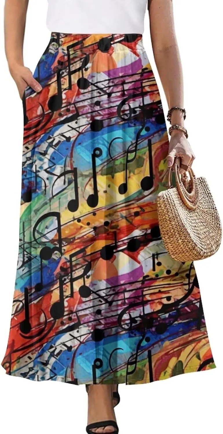 Irisjudy Womens Pleated Maxi Skirt Rainbow Graffiti Boho Elastic Waist Long Skirts Starry Night Beach Party Flowy Long Skirts
