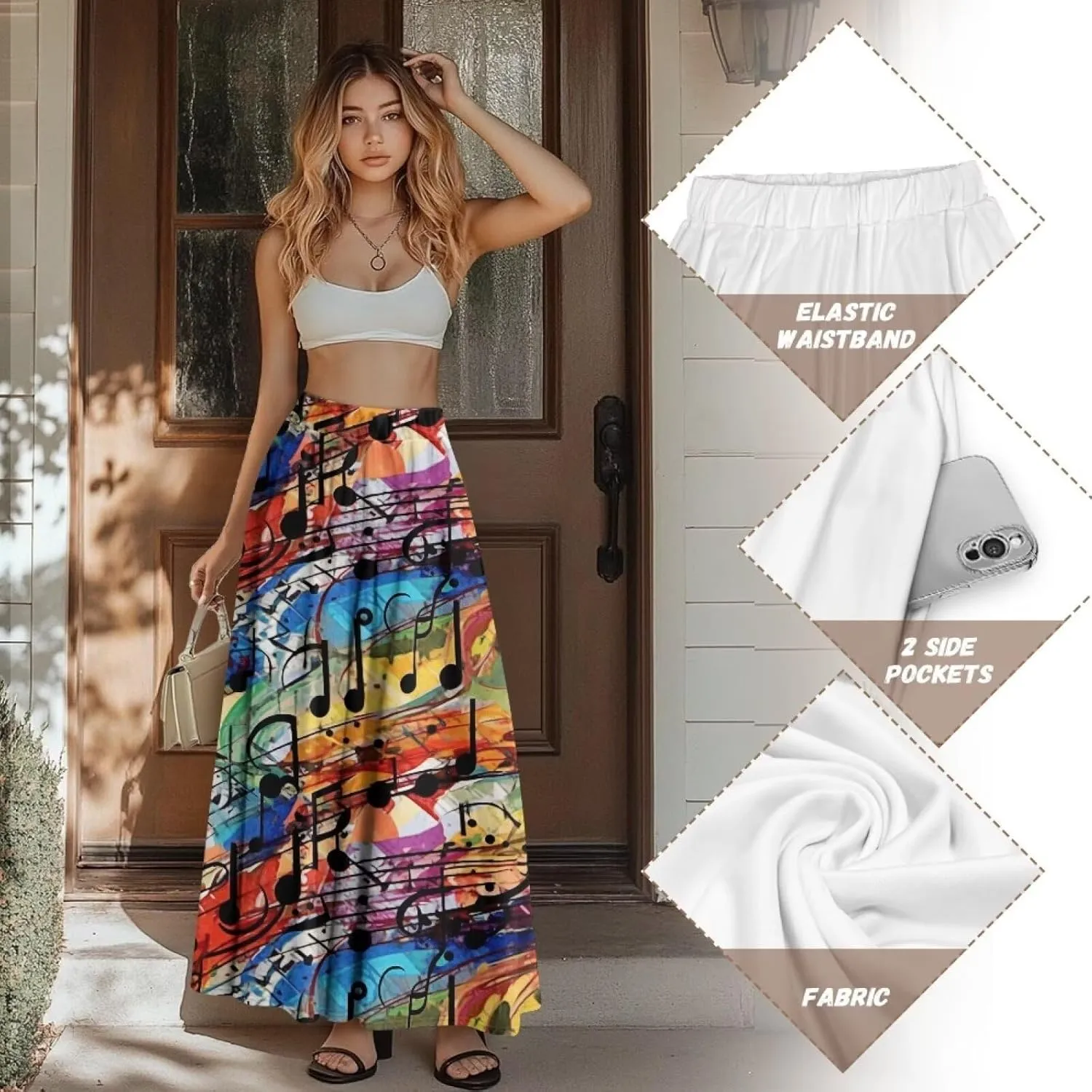 Irisjudy Womens Pleated Maxi Skirt Rainbow Graffiti Boho Elastic Waist Long Skirts Starry Night Beach Party Flowy Long Skirts