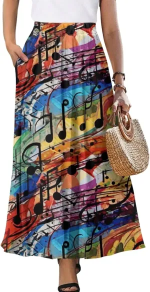 Irisjudy Womens Pleated Maxi Skirt Rainbow Graffiti Boho Elastic Waist Long Skirts Starry Night Beach Party Flowy Long Skirts