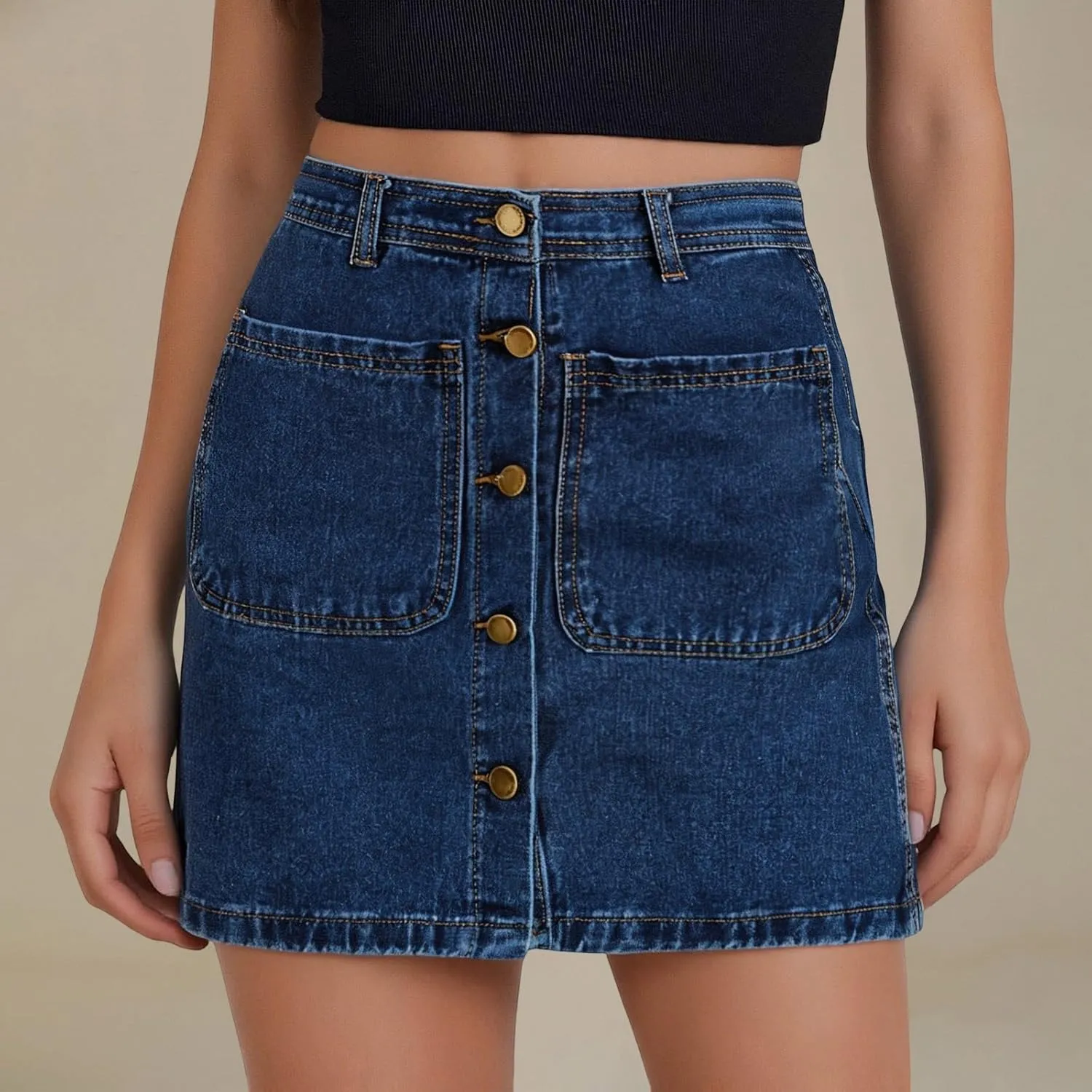 Jean Skirts for Women Denim High Waisted Trendy Stretchy Mini Button Front Short Pencil Skirt with Patch Pockets