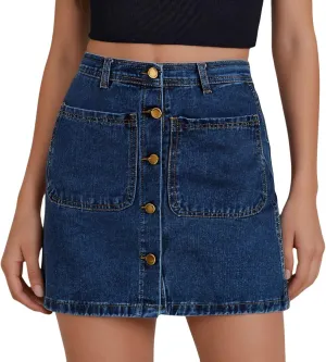 Jean Skirts for Women Denim High Waisted Trendy Stretchy Mini Button Front Short Pencil Skirt with Patch Pockets