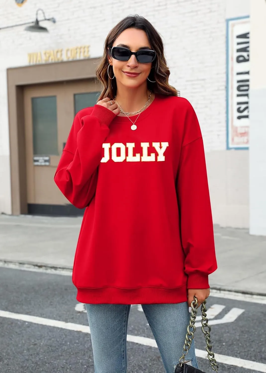 KIDDAD Christmas Sweatshirts Women Glitter Patch Jolly Graphic Sweatshirt Oversized Xmas Vacation Long Sleeve Pullover Tops