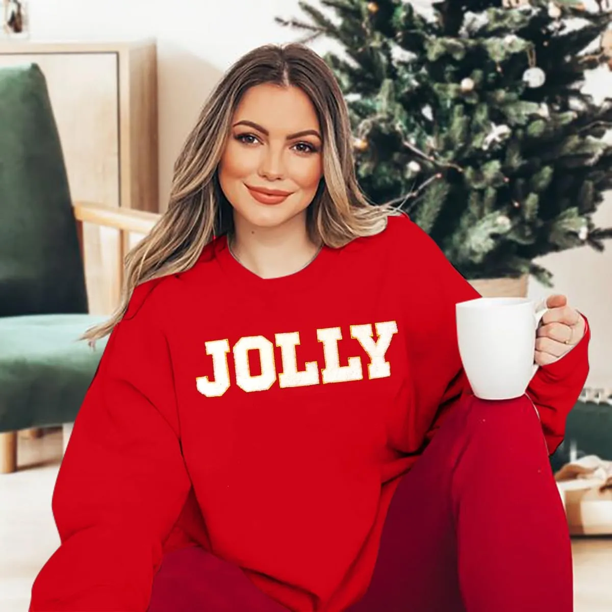 KIDDAD Christmas Sweatshirts Women Glitter Patch Jolly Graphic Sweatshirt Oversized Xmas Vacation Long Sleeve Pullover Tops
