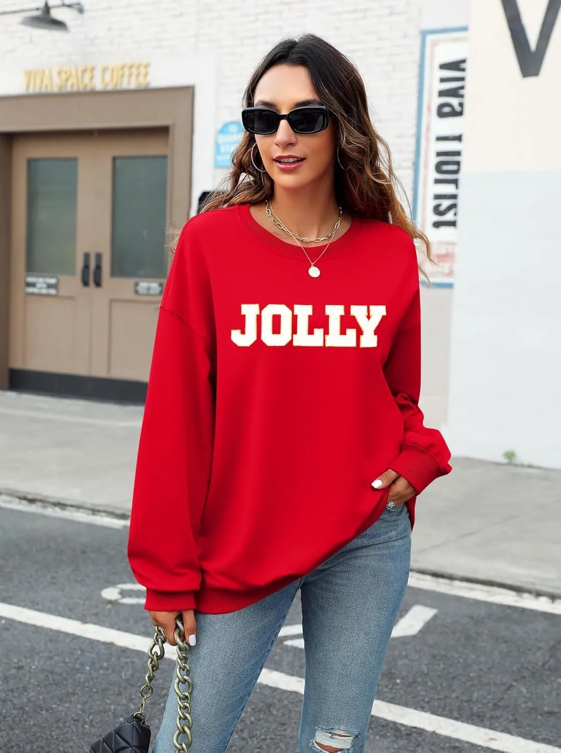 KIDDAD Christmas Sweatshirts Women Glitter Patch Jolly Graphic Sweatshirt Oversized Xmas Vacation Long Sleeve Pullover Tops