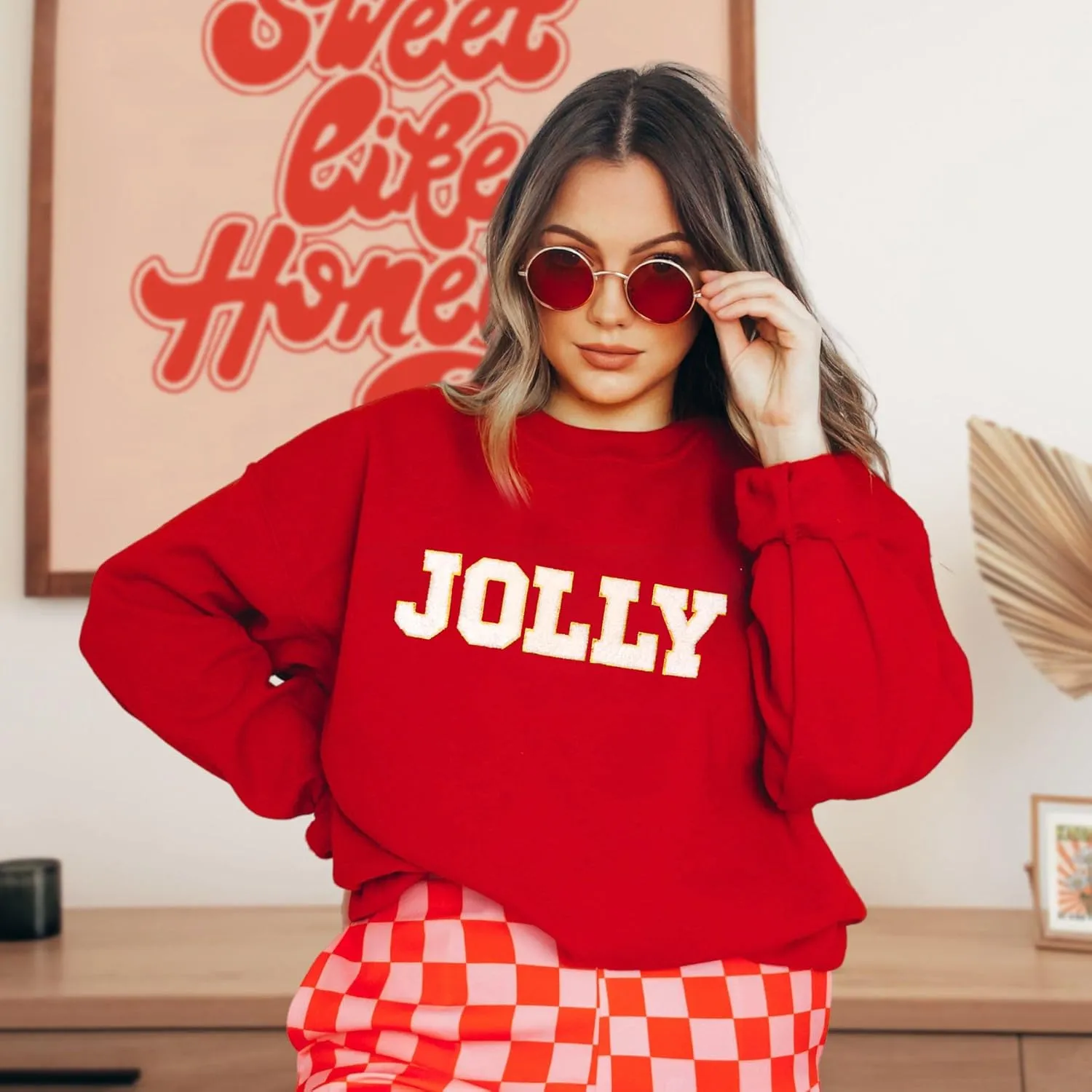 KIDDAD Christmas Sweatshirts Women Glitter Patch Jolly Graphic Sweatshirt Oversized Xmas Vacation Long Sleeve Pullover Tops