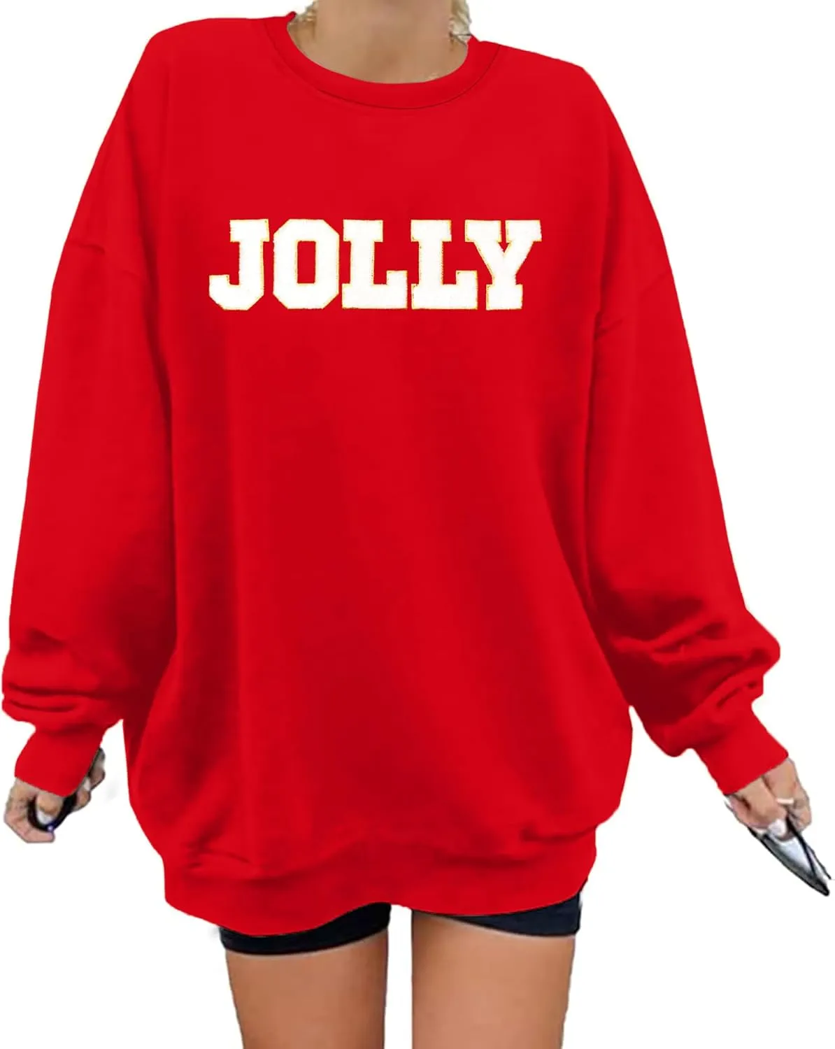 KIDDAD Christmas Sweatshirts Women Glitter Patch Jolly Graphic Sweatshirt Oversized Xmas Vacation Long Sleeve Pullover Tops