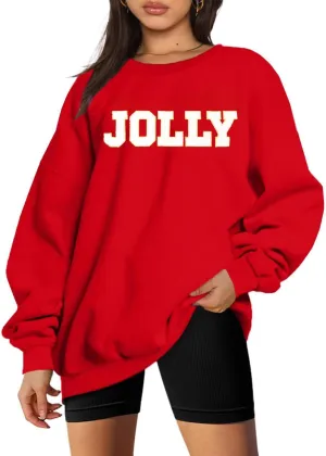 KIDDAD Christmas Sweatshirts Women Glitter Patch Jolly Graphic Sweatshirt Oversized Xmas Vacation Long Sleeve Pullover Tops