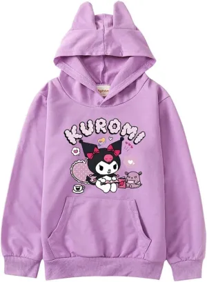 Kuromi Ears Hoodie Sweatshirts Petite Women's Long Sleeve Pullover Tops Girls Cute Cartoon Graphic Hooded Sweater