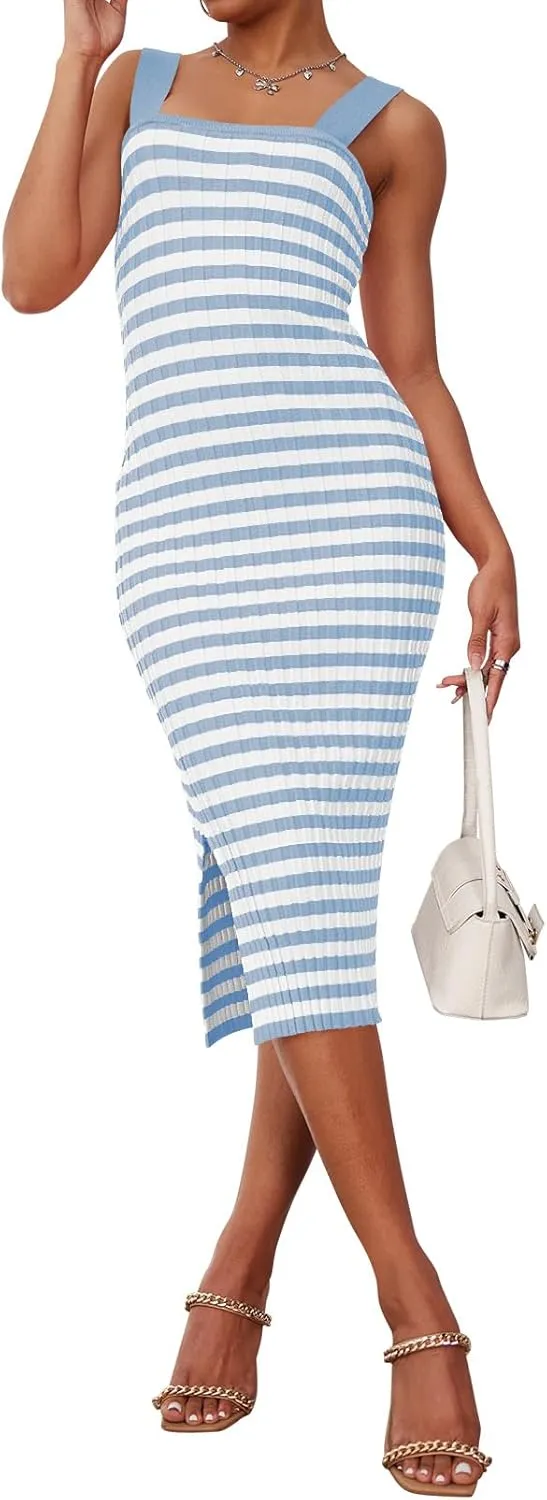 LEANI Women's 2025 Summer Bodycon Midi Dress Striped Square Neck Sundress Side Slit Knit Beach Vacation Dresses