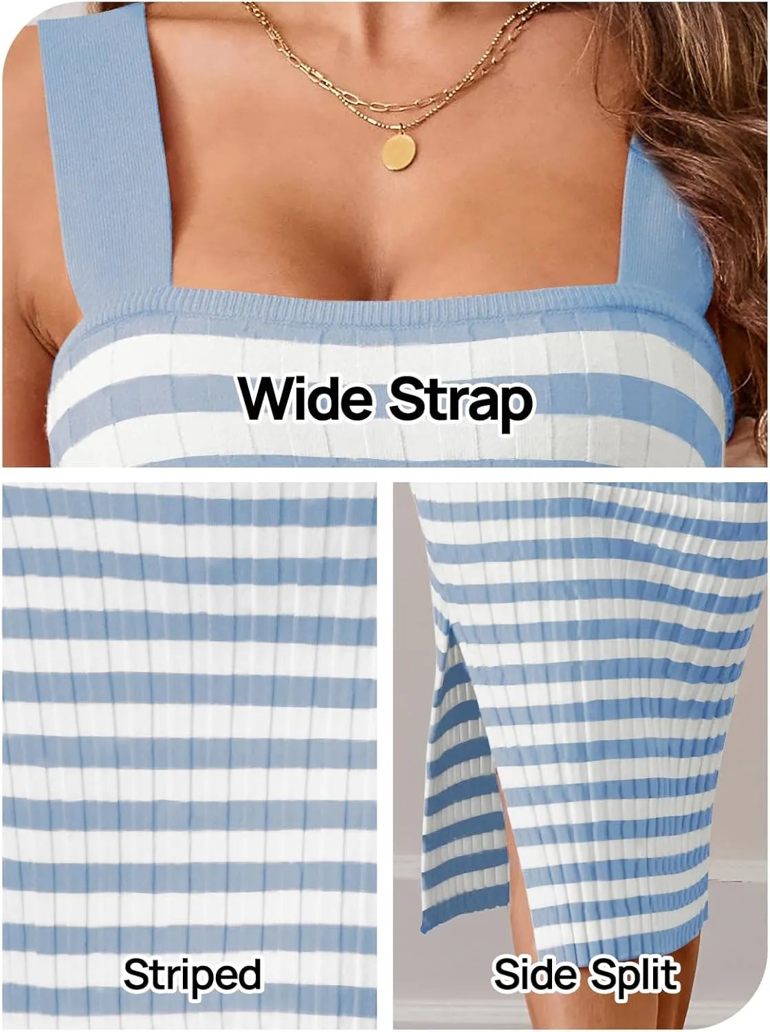 LEANI Women's 2025 Summer Bodycon Midi Dress Striped Square Neck Sundress Side Slit Knit Beach Vacation Dresses