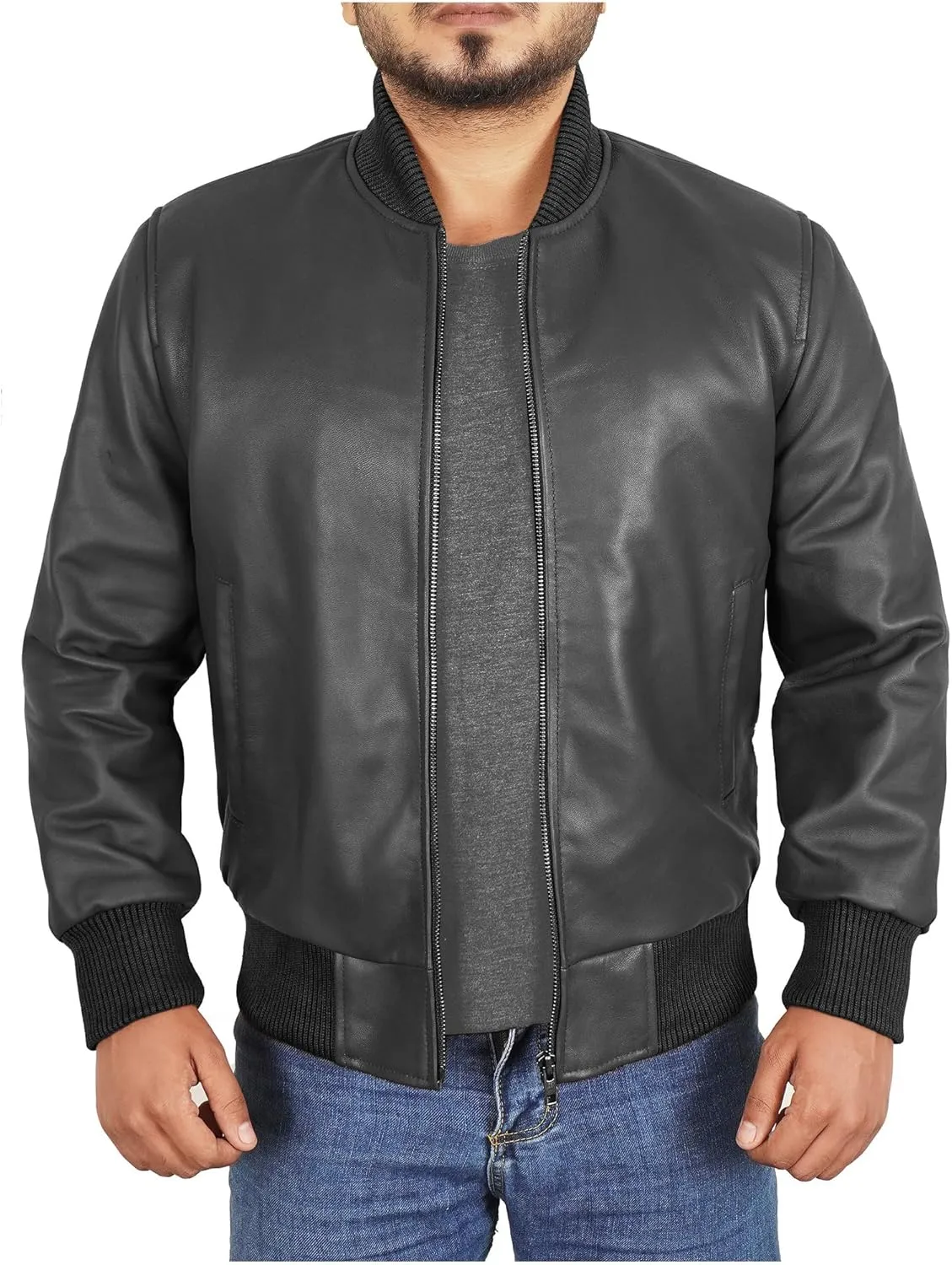 Leather Bomber Jacket Men - Ribbed Style Casual Varsity Real Lambskin Mens Leather Jacket Moto Fashion