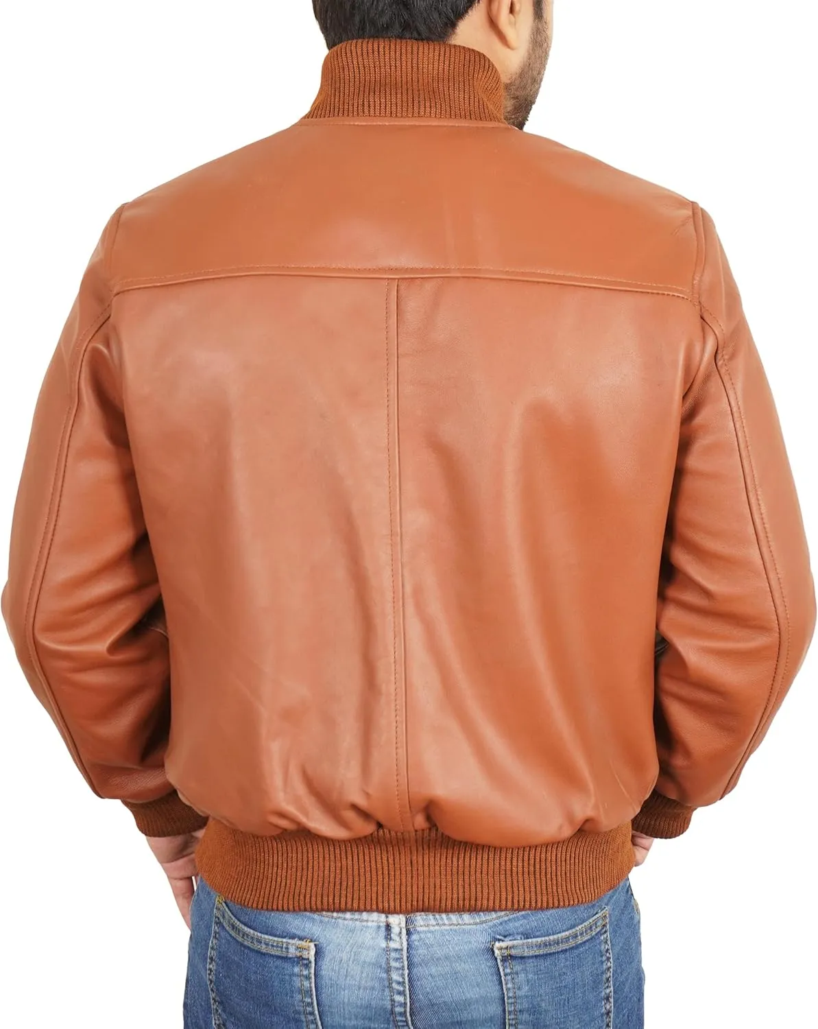 Leather Bomber Jacket Men - Ribbed Style Casual Varsity Real Lambskin Mens Leather Jacket Moto Fashion