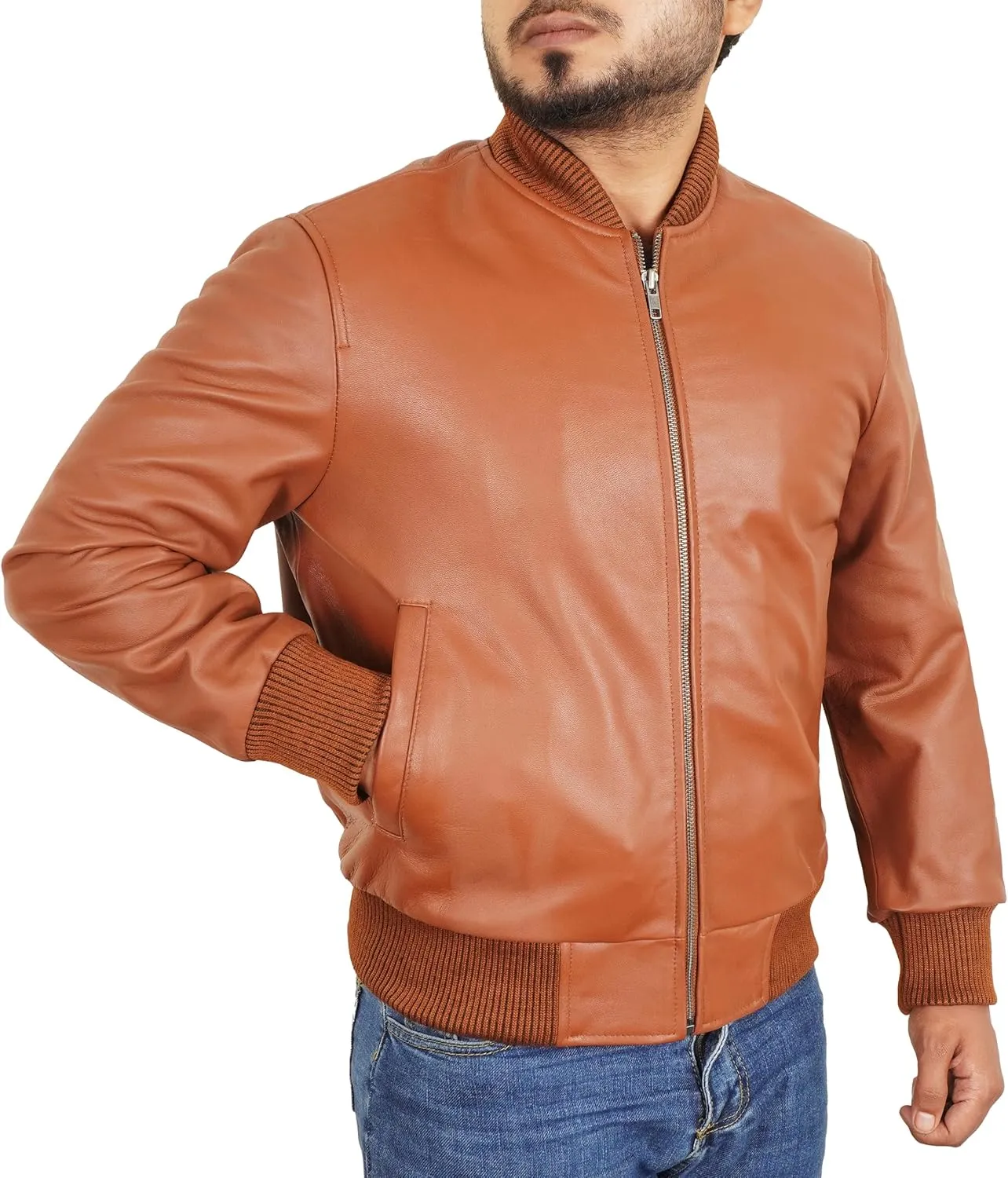 Leather Bomber Jacket Men - Ribbed Style Casual Varsity Real Lambskin Mens Leather Jacket Moto Fashion