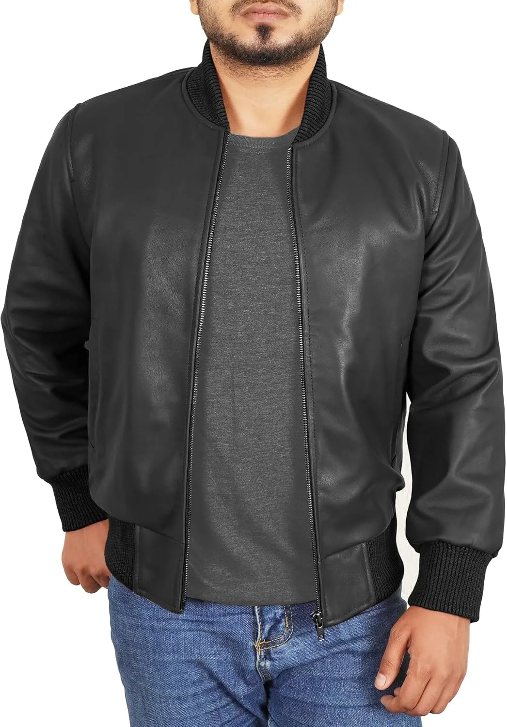 Leather Bomber Jacket Men - Ribbed Style Casual Varsity Real Lambskin Mens Leather Jacket Moto Fashion