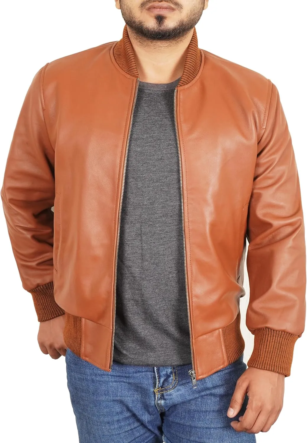 Leather Bomber Jacket Men - Ribbed Style Casual Varsity Real Lambskin Mens Leather Jacket Moto Fashion