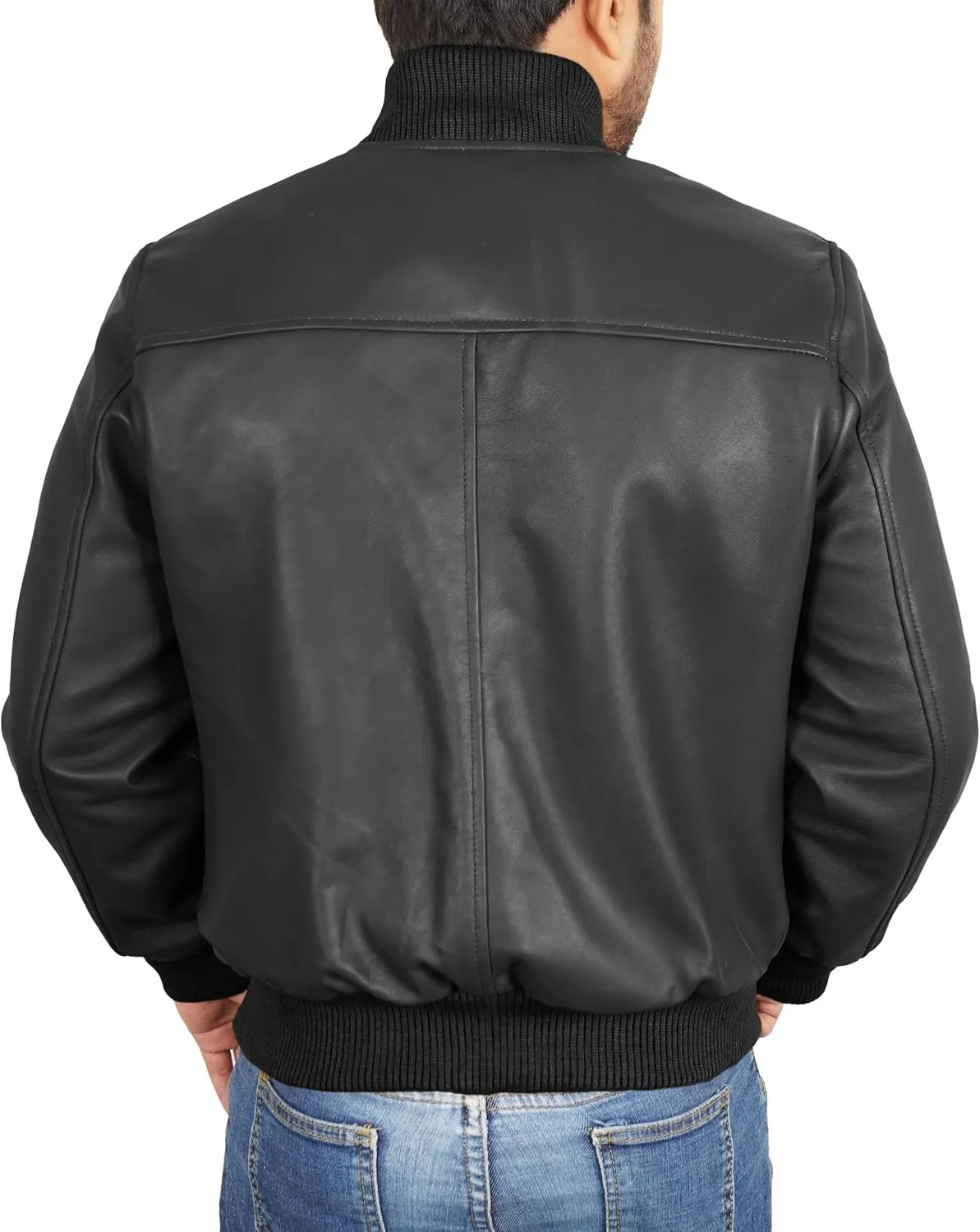 Leather Bomber Jacket Men - Ribbed Style Casual Varsity Real Lambskin Mens Leather Jacket Moto Fashion
