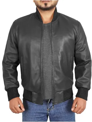 Leather Bomber Jacket Men - Ribbed Style Casual Varsity Real Lambskin Mens Leather Jacket Moto Fashion