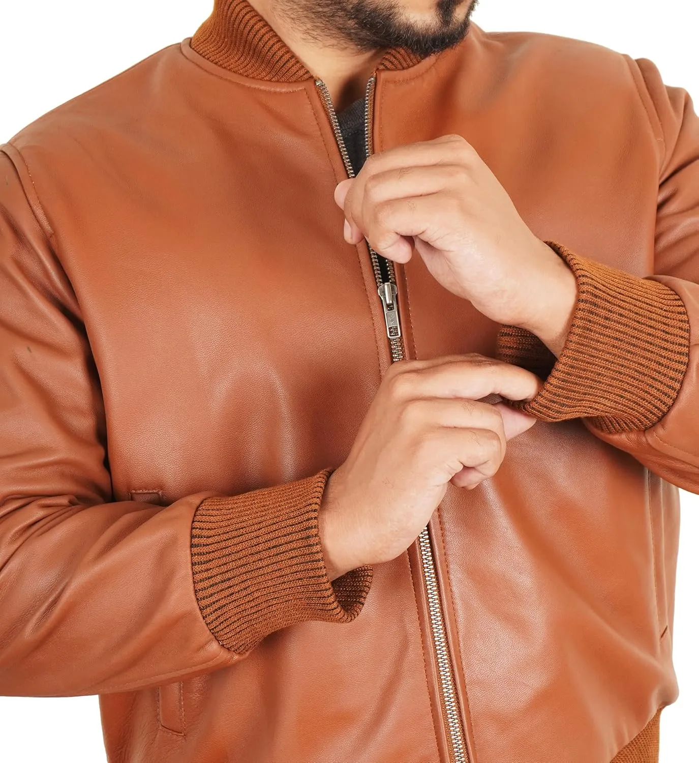 Leather Bomber Jacket Men - Ribbed Style Casual Varsity Real Lambskin Mens Leather Jacket Moto Fashion