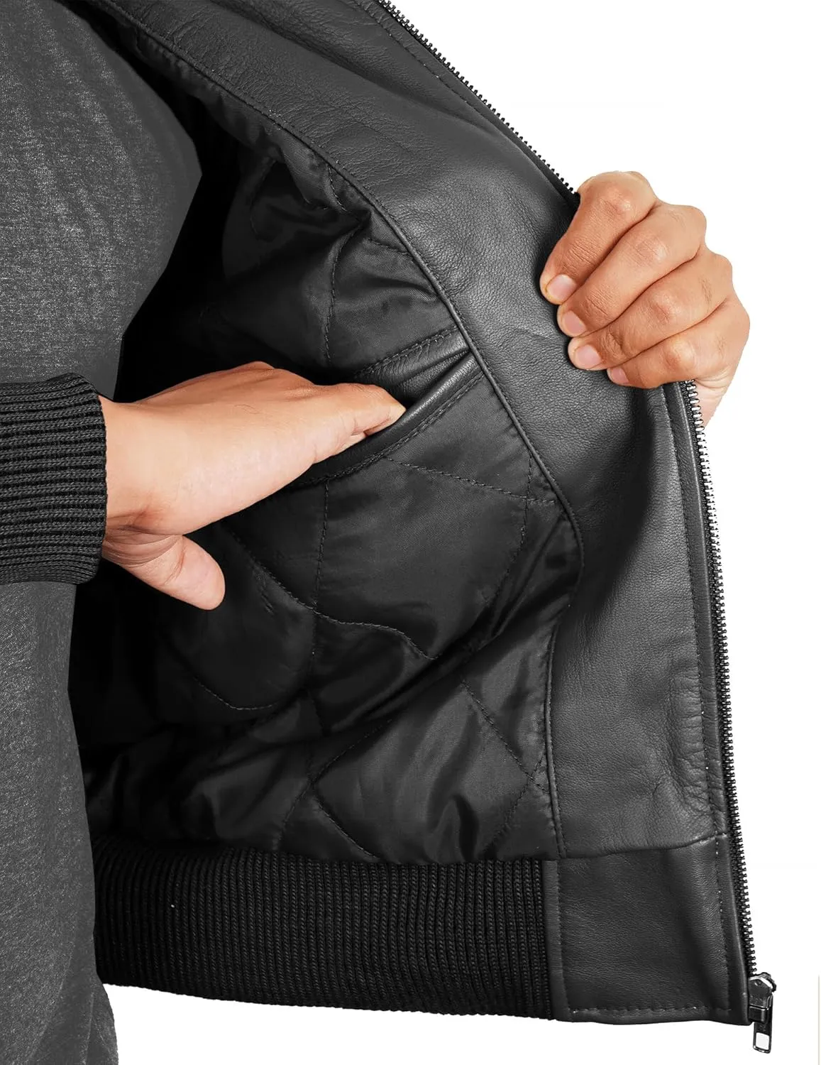 Leather Bomber Jacket Men - Ribbed Style Casual Varsity Real Lambskin Mens Leather Jacket Moto Fashion