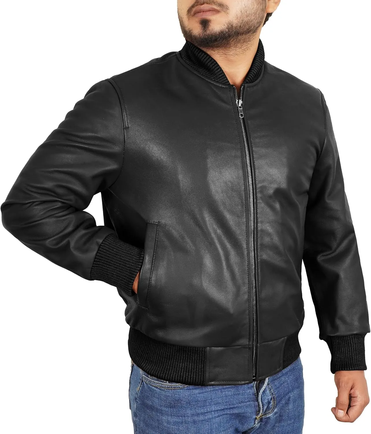 Leather Bomber Jacket Men - Ribbed Style Casual Varsity Real Lambskin Mens Leather Jacket Moto Fashion