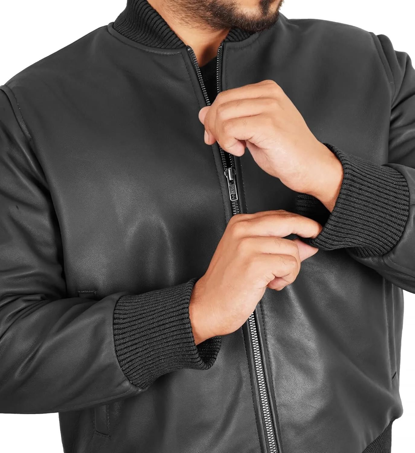 Leather Bomber Jacket Men - Ribbed Style Casual Varsity Real Lambskin Mens Leather Jacket Moto Fashion