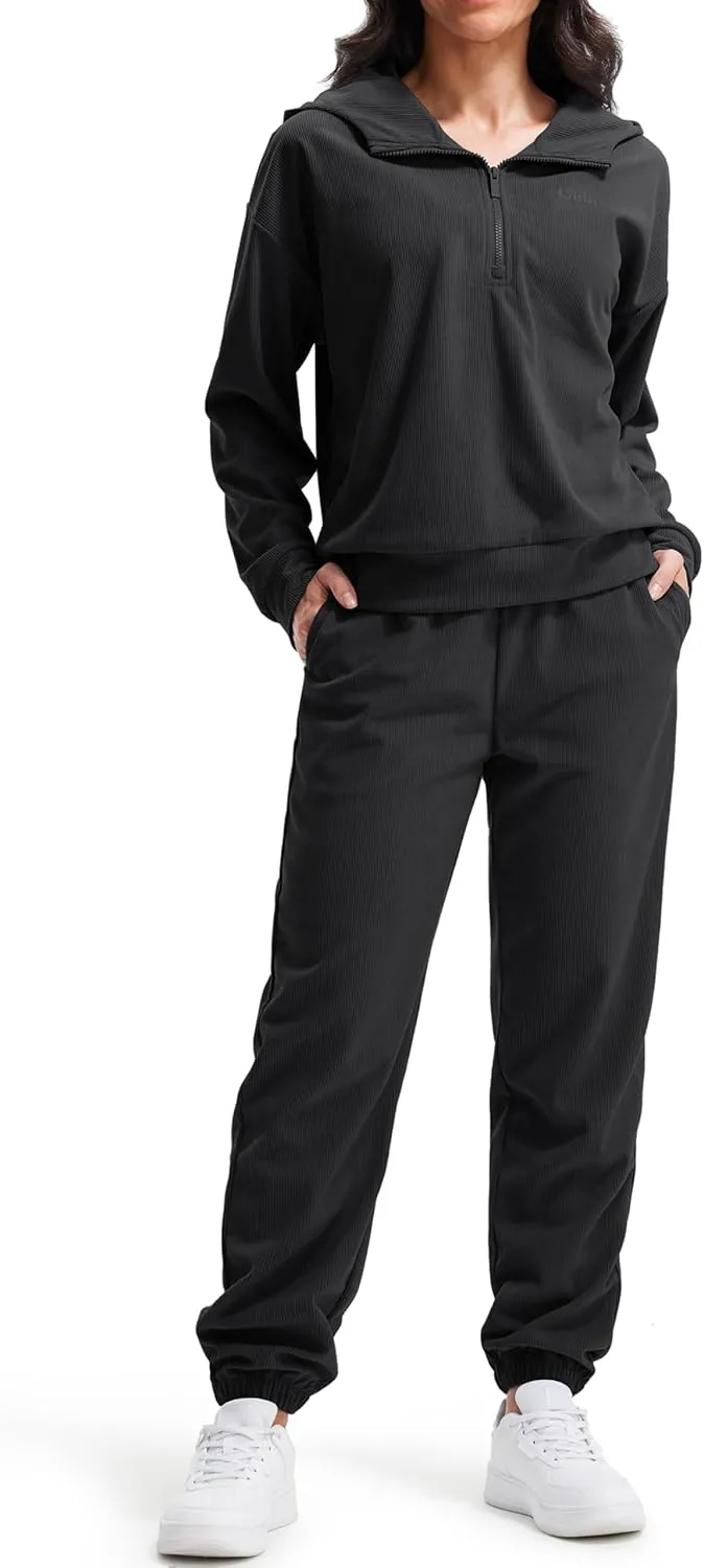 Libin Women's 2 Piece Sweatsuits Lounge Sets Corduroy Half Zip Hoodie Sweatshirt Sweatpants With Pockets Fall Outfits